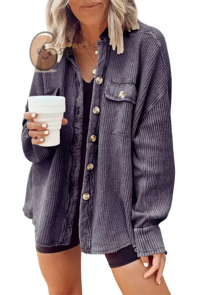 New Coat Fashion Casual Lapel Pocket Splicing Irregular Shirt Jacket - Dark Blue / S