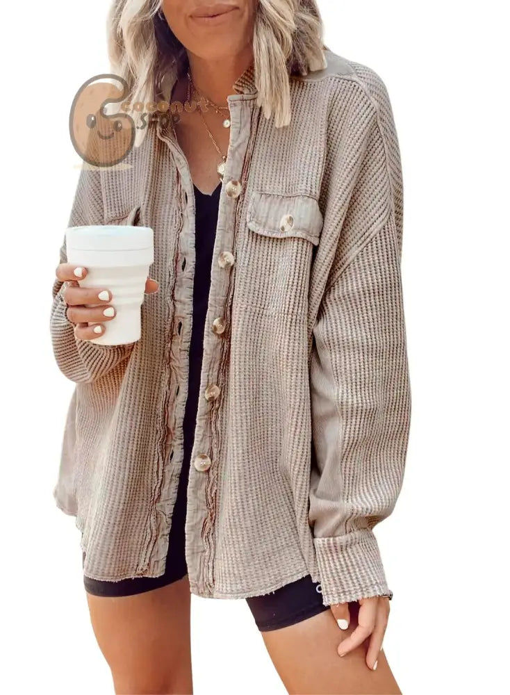 New Coat Fashion Casual Lapel Pocket Splicing Irregular Shirt Jacket - Light Khaki / S