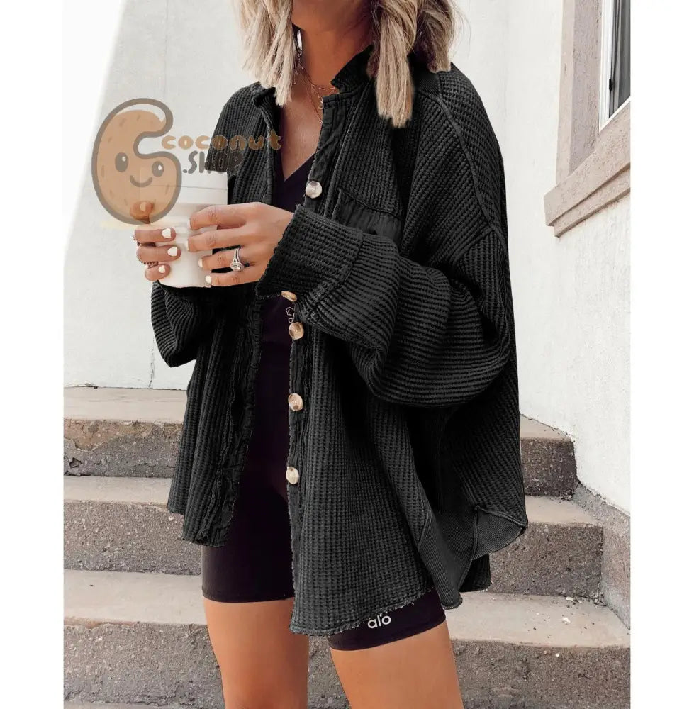 New Coat Fashion Casual Lapel Pocket Splicing Irregular Shirt Jacket - Black / S