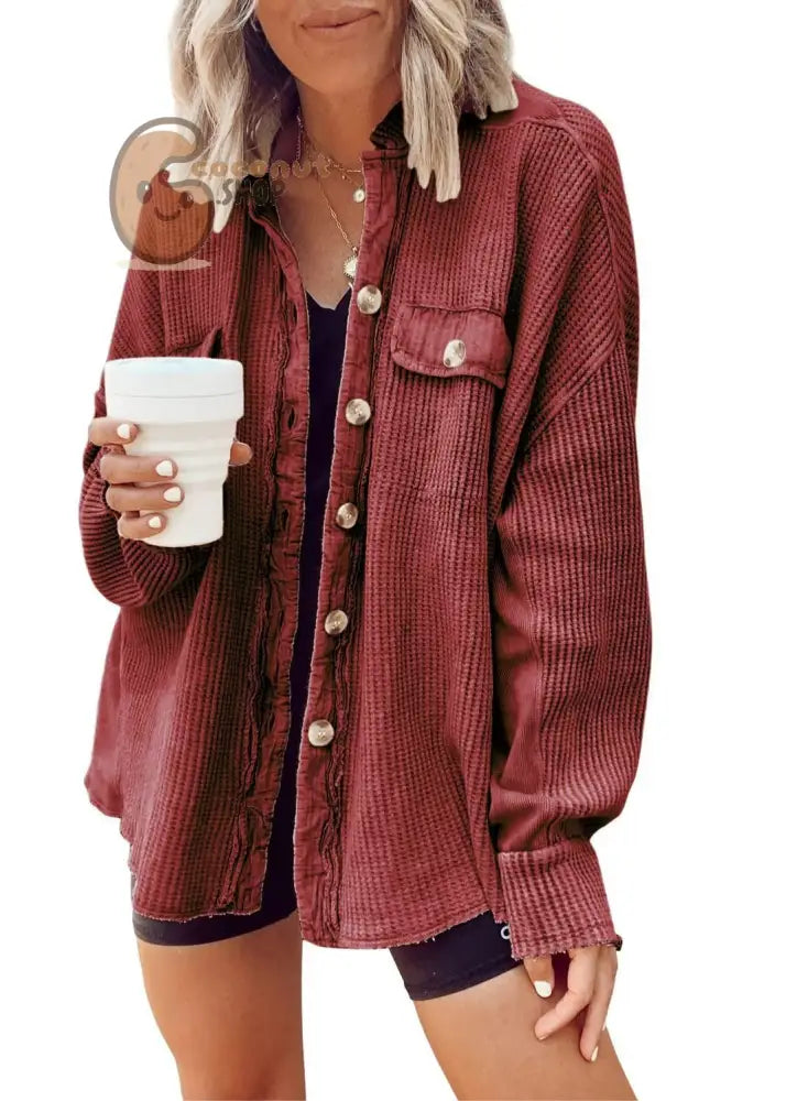 New Coat Fashion Casual Lapel Pocket Splicing Irregular Shirt Jacket - Wine Red / S