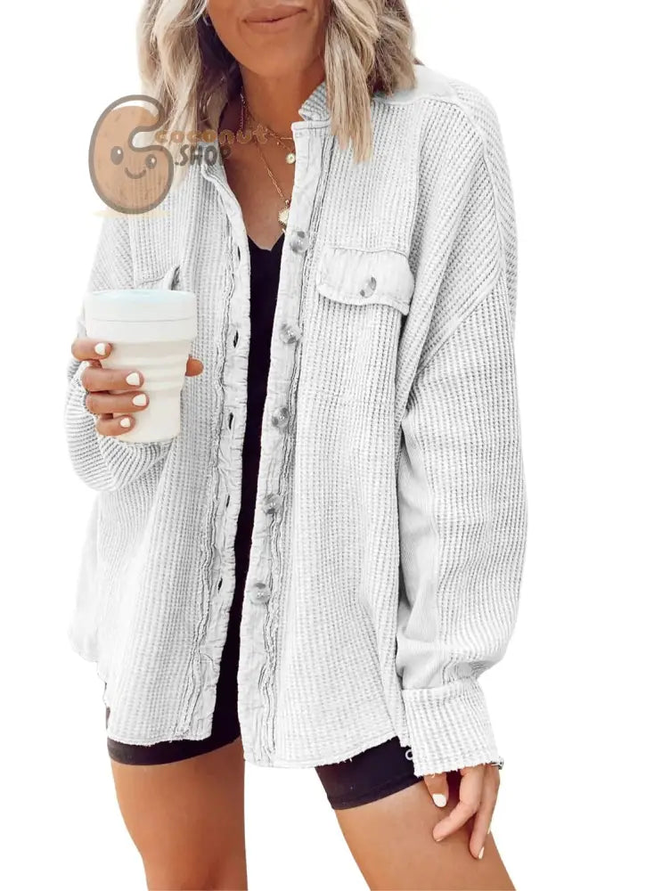 New Coat Fashion Casual Lapel Pocket Splicing Irregular Shirt Jacket - White / S