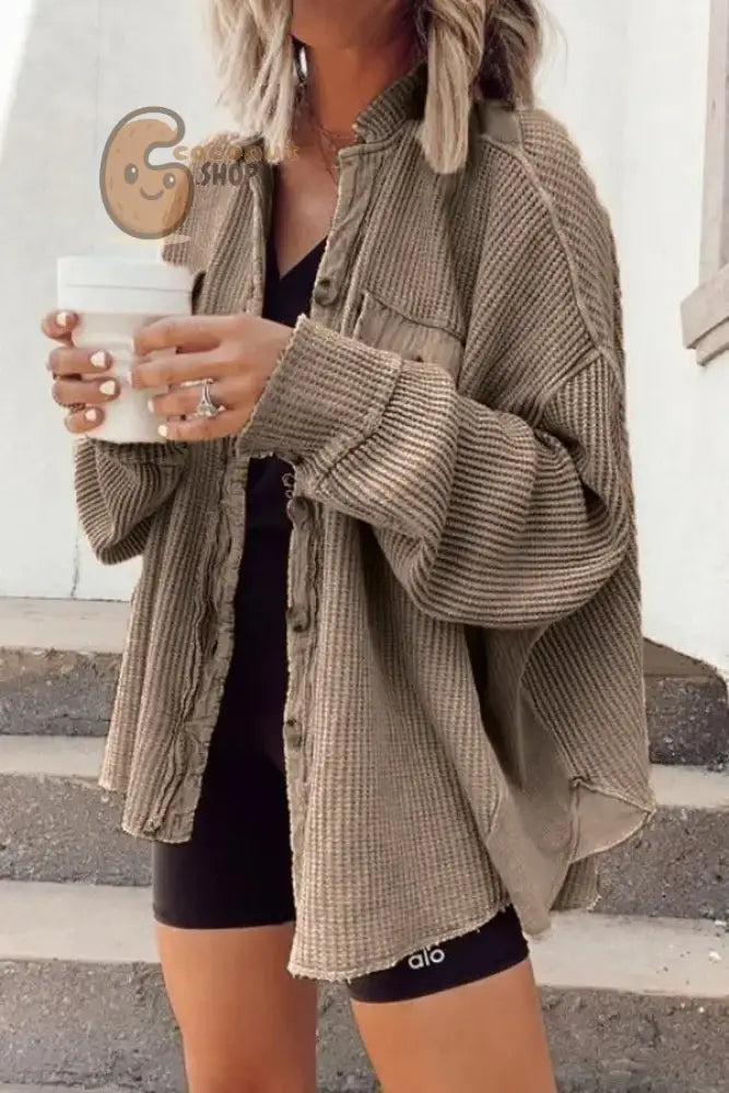 New Coat Fashion Casual Lapel Pocket Splicing Irregular Shirt Jacket - Khaki / S