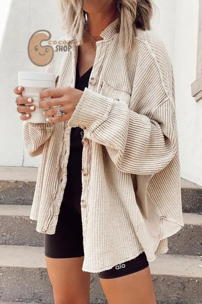 New Coat Fashion Casual Lapel Pocket Splicing Irregular Shirt Jacket - Apricot / S