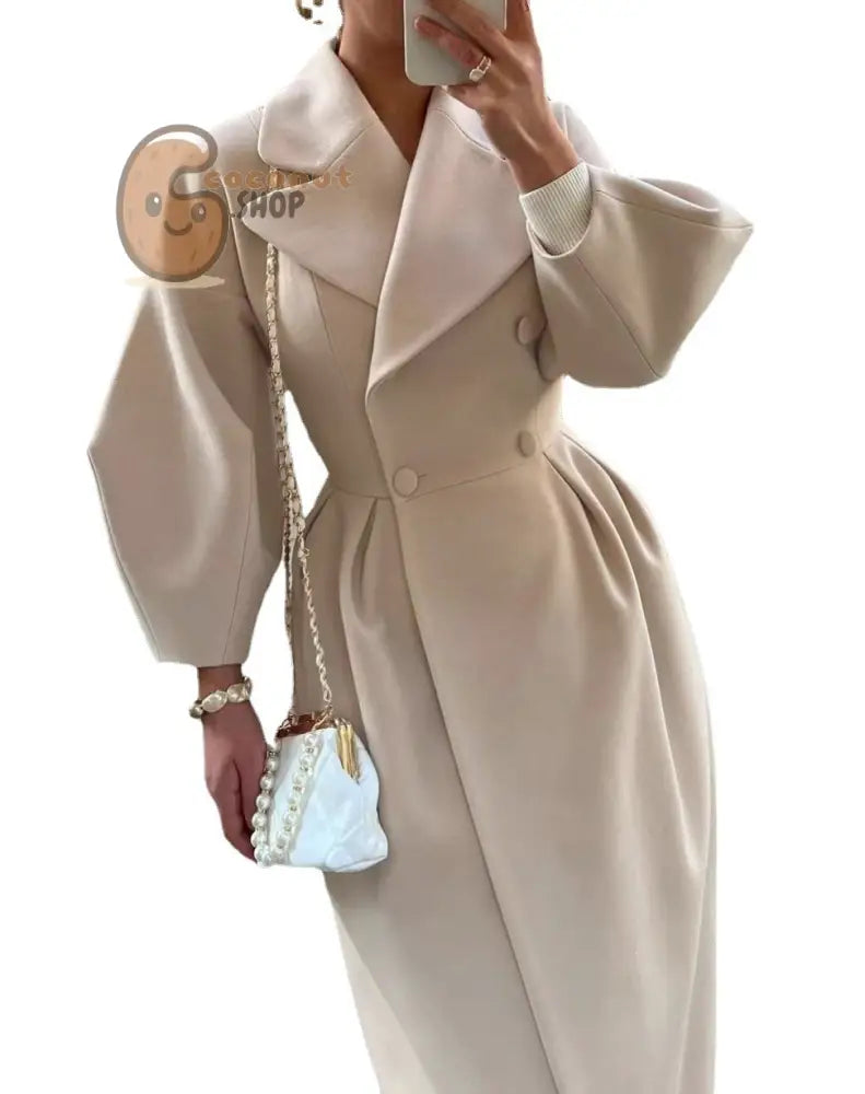 Palace Style Lantern Sleeve Large Lapel Woolen Long Coat