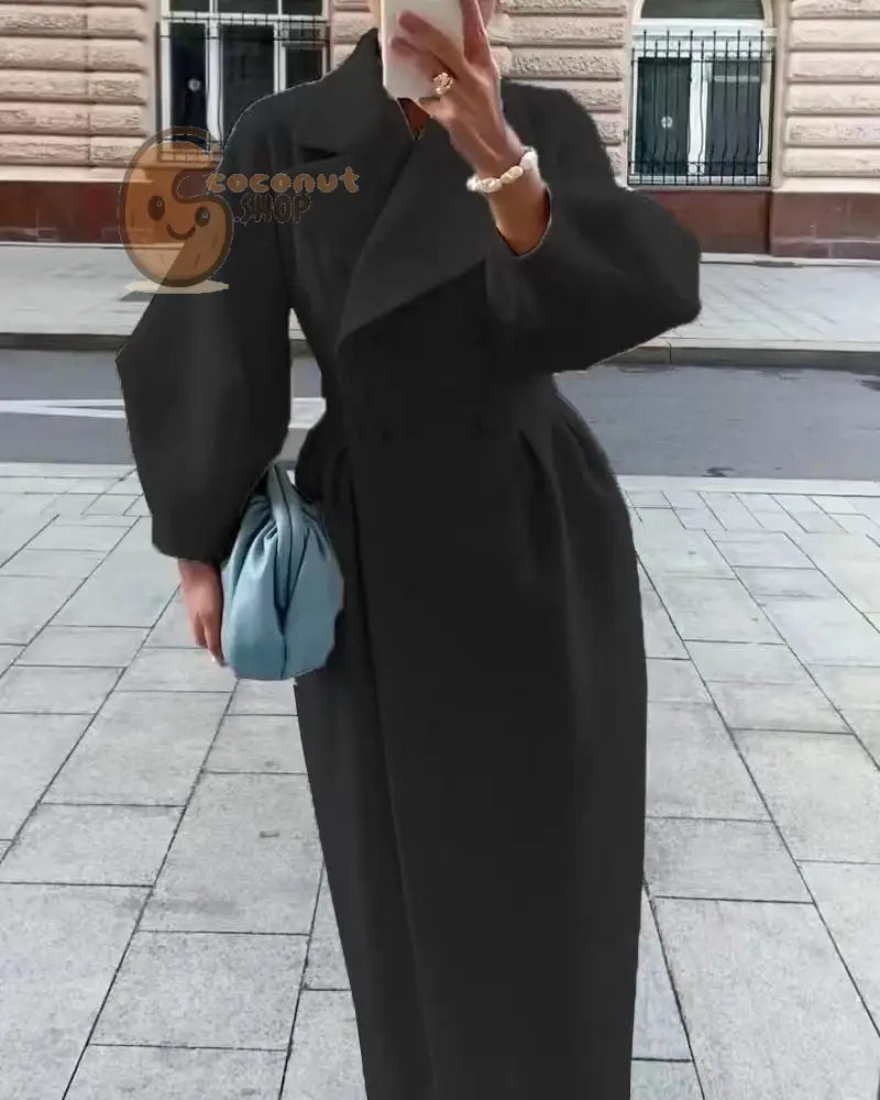 Palace Style Lantern Sleeve Large Lapel Woolen Long Coat - Black / S