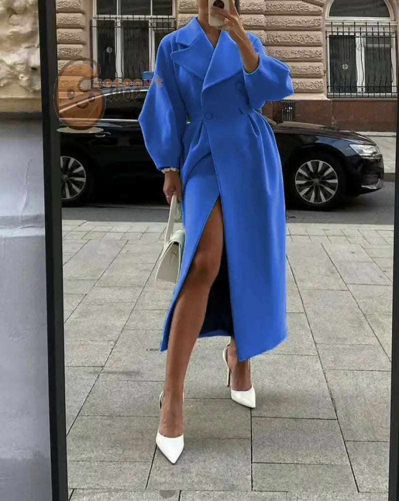 Palace Style Lantern Sleeve Large Lapel Woolen Long Coat - Blue / S