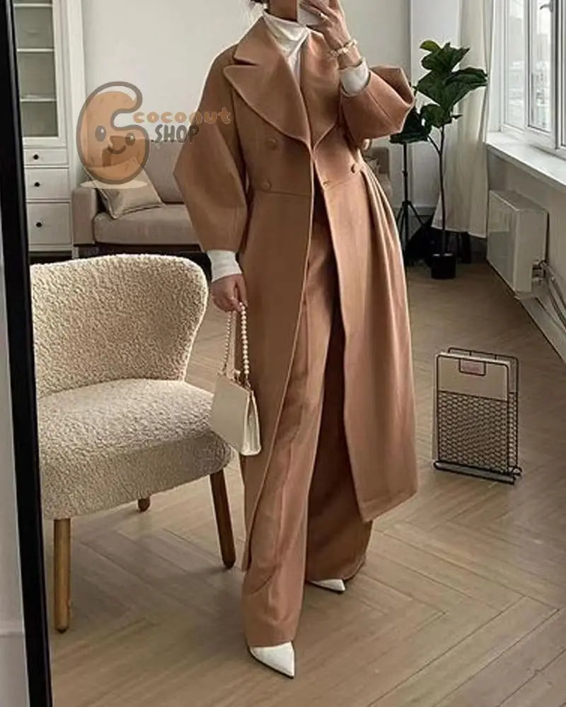 Palace Style Lantern Sleeve Large Lapel Woolen Long Coat - Camel / S