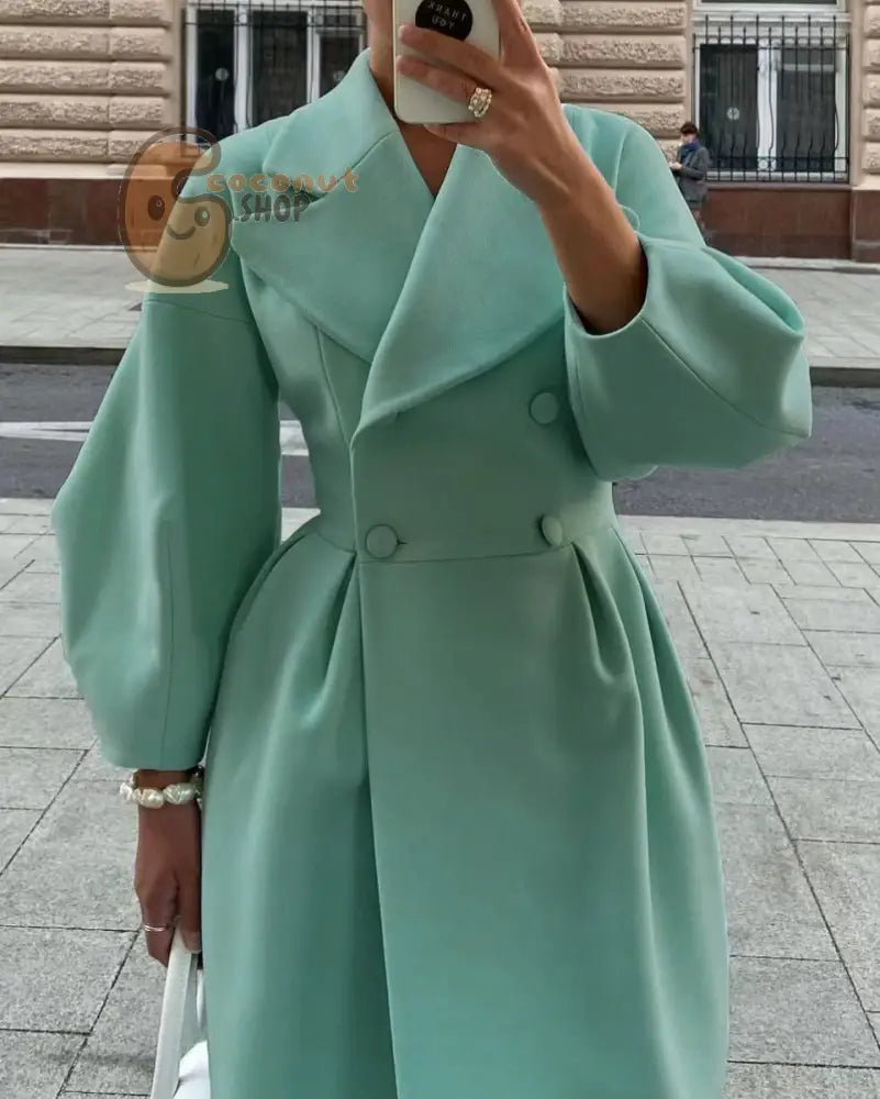 Palace Style Lantern Sleeve Large Lapel Woolen Long Coat - Green / S