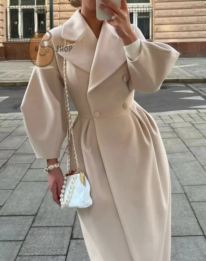 Palace Style Lantern Sleeve Large Lapel Woolen Long Coat - Khaki / S