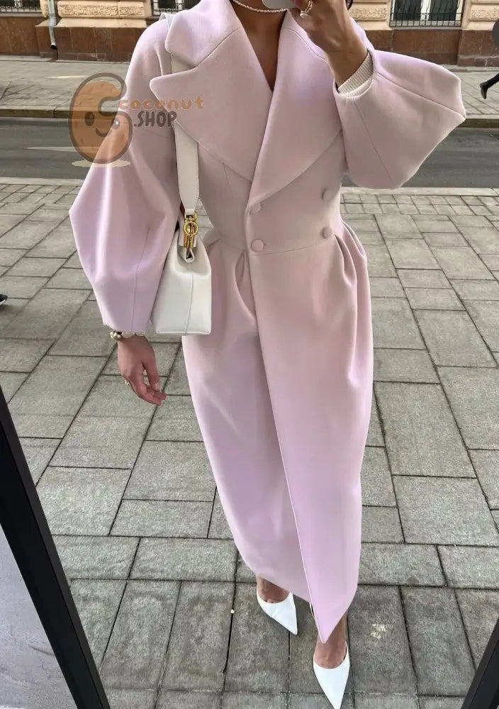 Palace Style Lantern Sleeve Large Lapel Woolen Long Coat - Pink / S