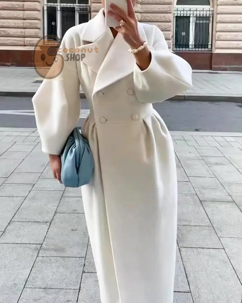 Palace Style Lantern Sleeve Large Lapel Woolen Long Coat - White / S