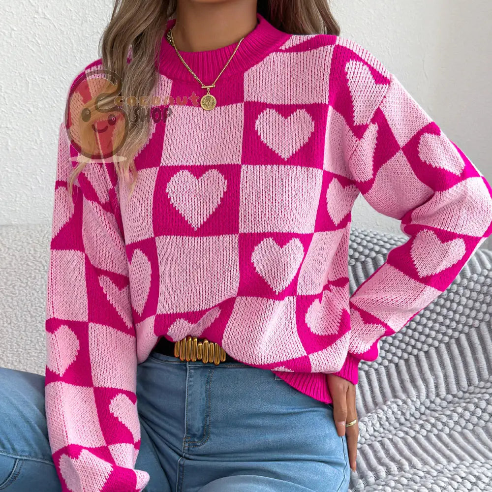 Pink & Red Heart Checkered Sweater
