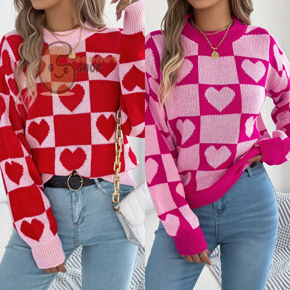 Pink & Red Heart Checkered Sweater