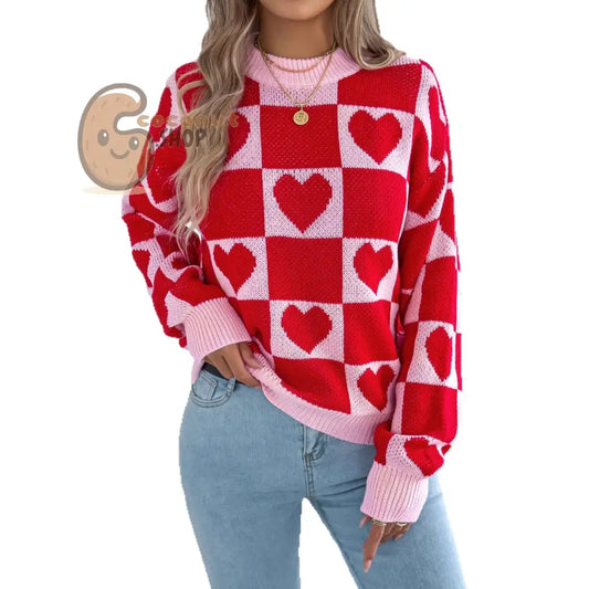 Pink & Red Heart Checkered Sweater