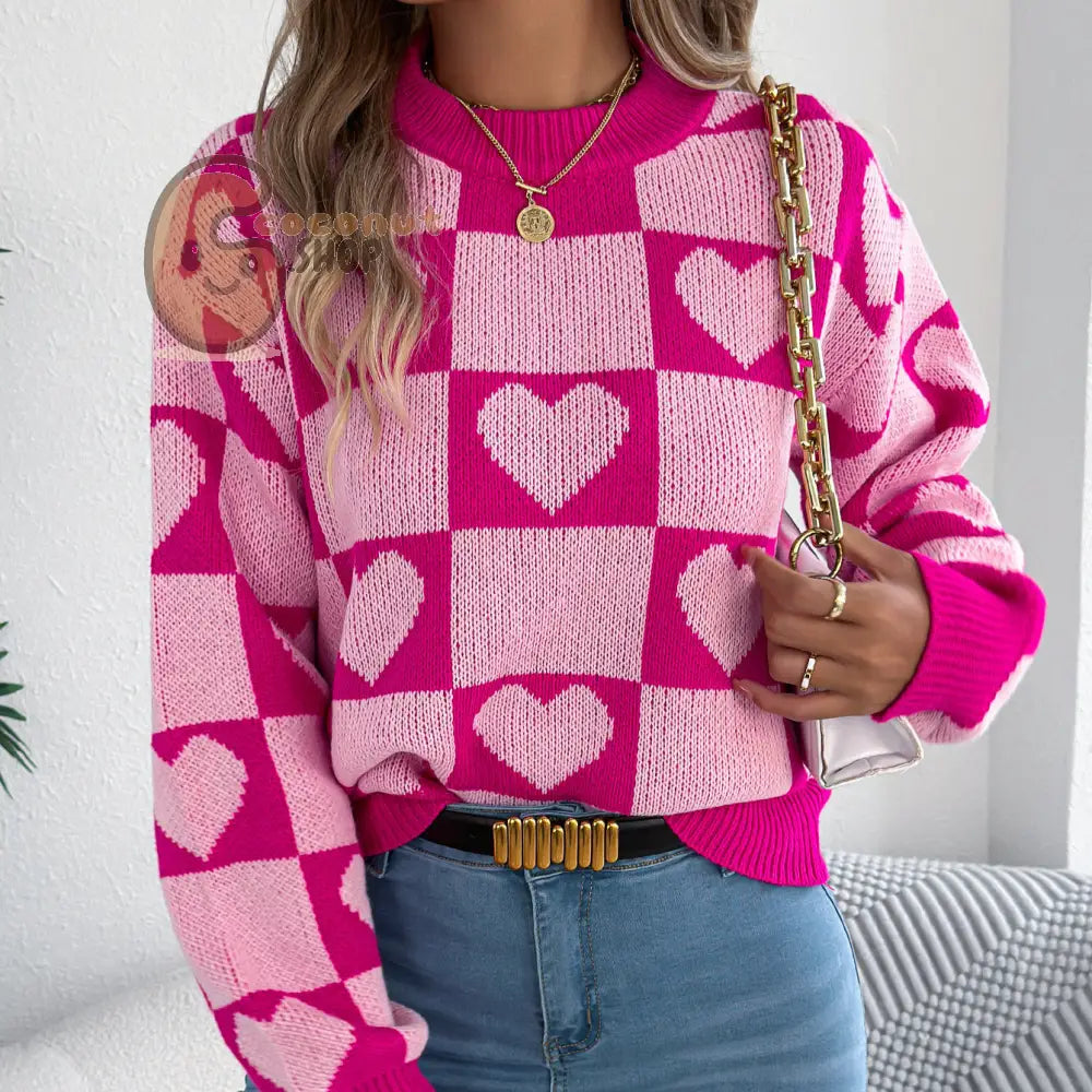 Pink & Red Heart Checkered Sweater