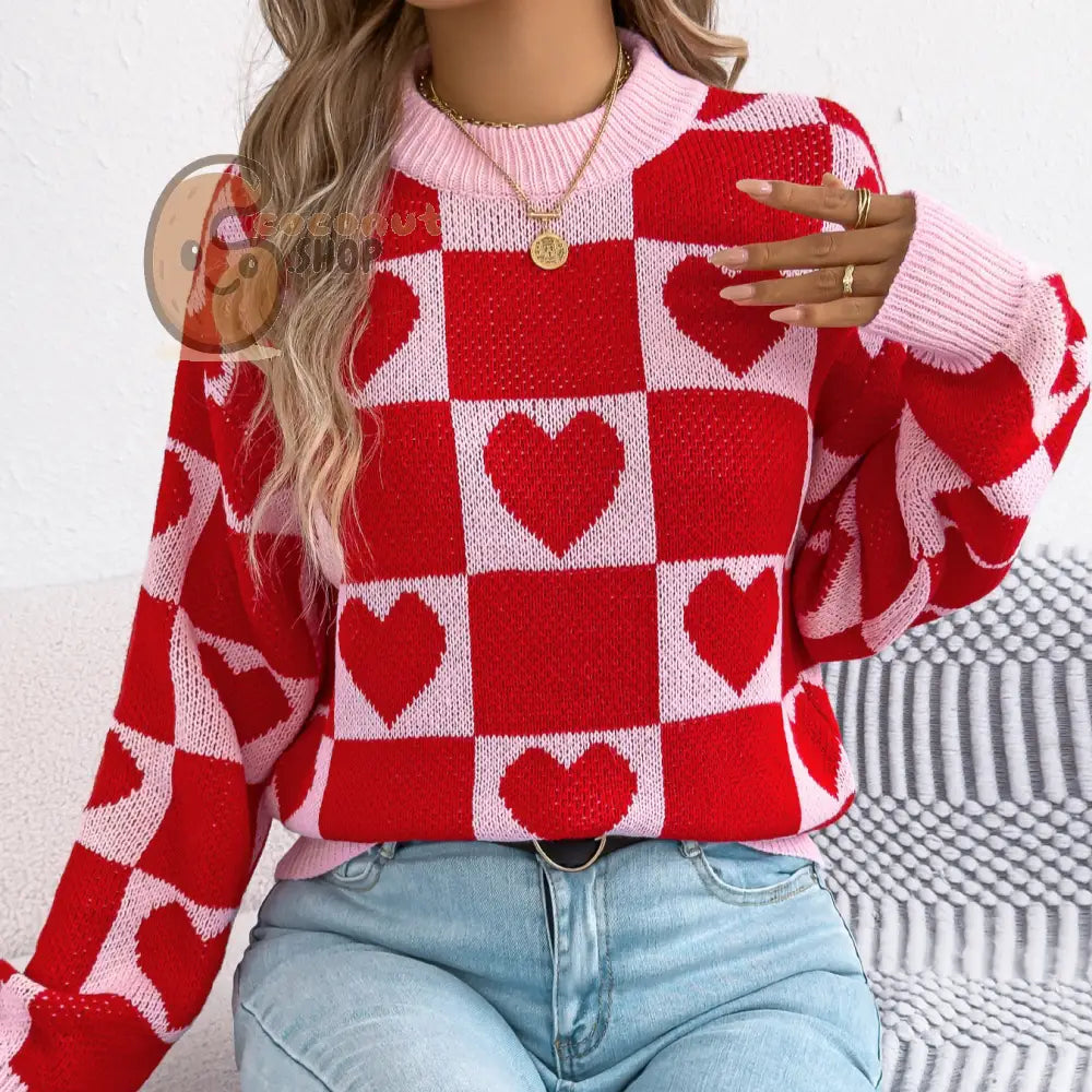 Pink & Red Heart Checkered Sweater