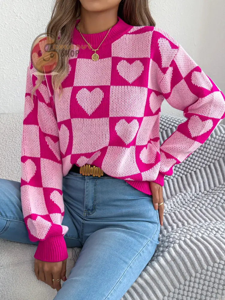 Pink & Red Heart Checkered Sweater - Raspberry Red / S