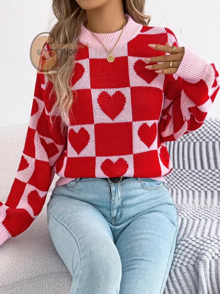 Pink & Red Heart Checkered Sweater - Red / S