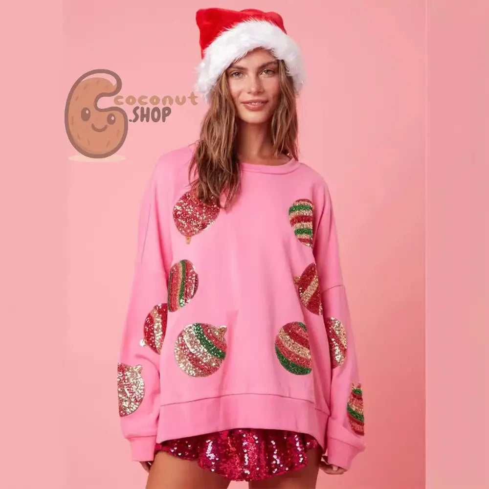 Pink Sequin Christmas Ornament Sweatshirt