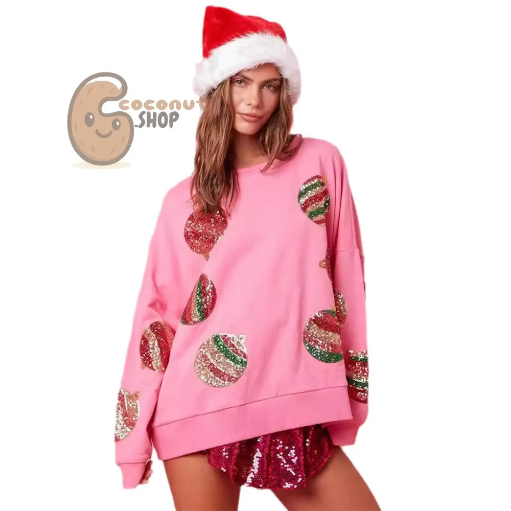 Pink Sequin Christmas Ornament Sweatshirt