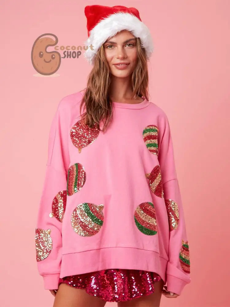 Pink Sequin Christmas Ornament Sweatshirt
