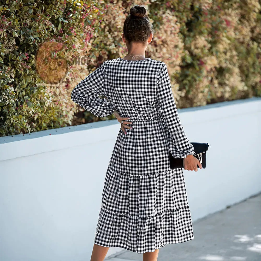 Plaid Dress: Long Sleeve Top Big Swing Skirt