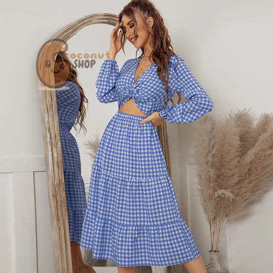 Plaid Dress: Long Sleeve Top Big Swing Skirt