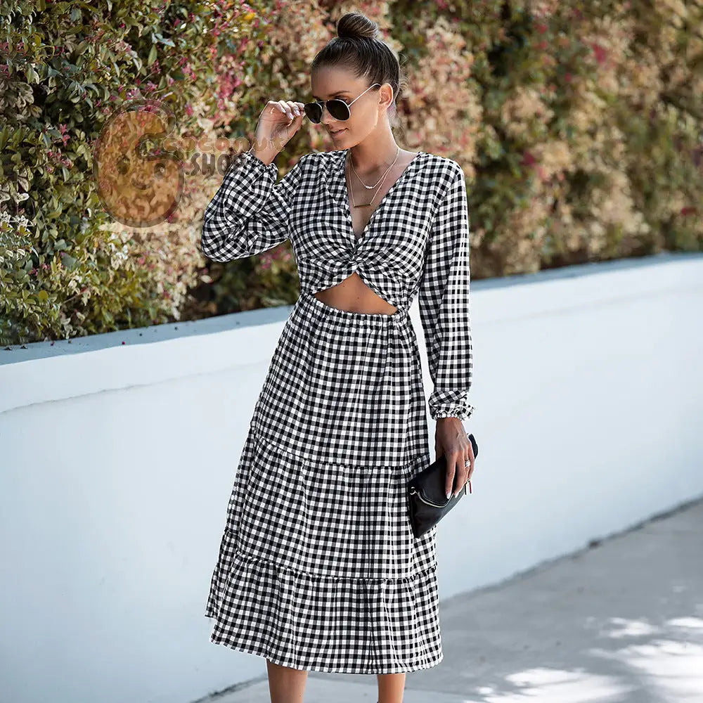 Plaid Dress: Long Sleeve Top Big Swing Skirt