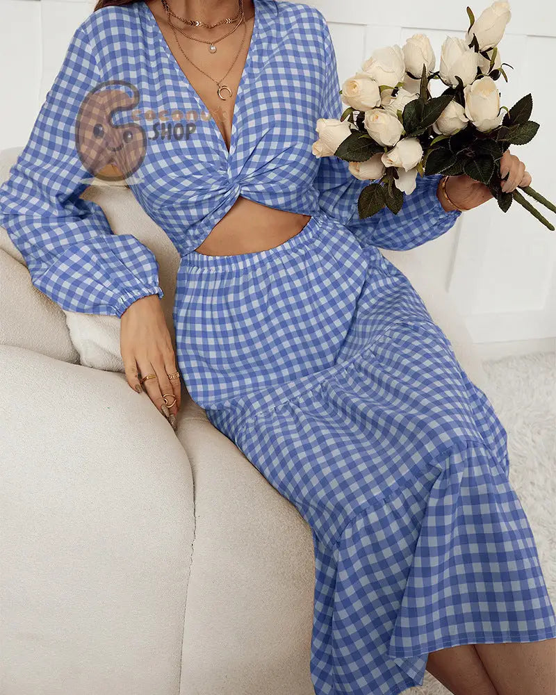 Plaid Dress: Long Sleeve Top Big Swing Skirt