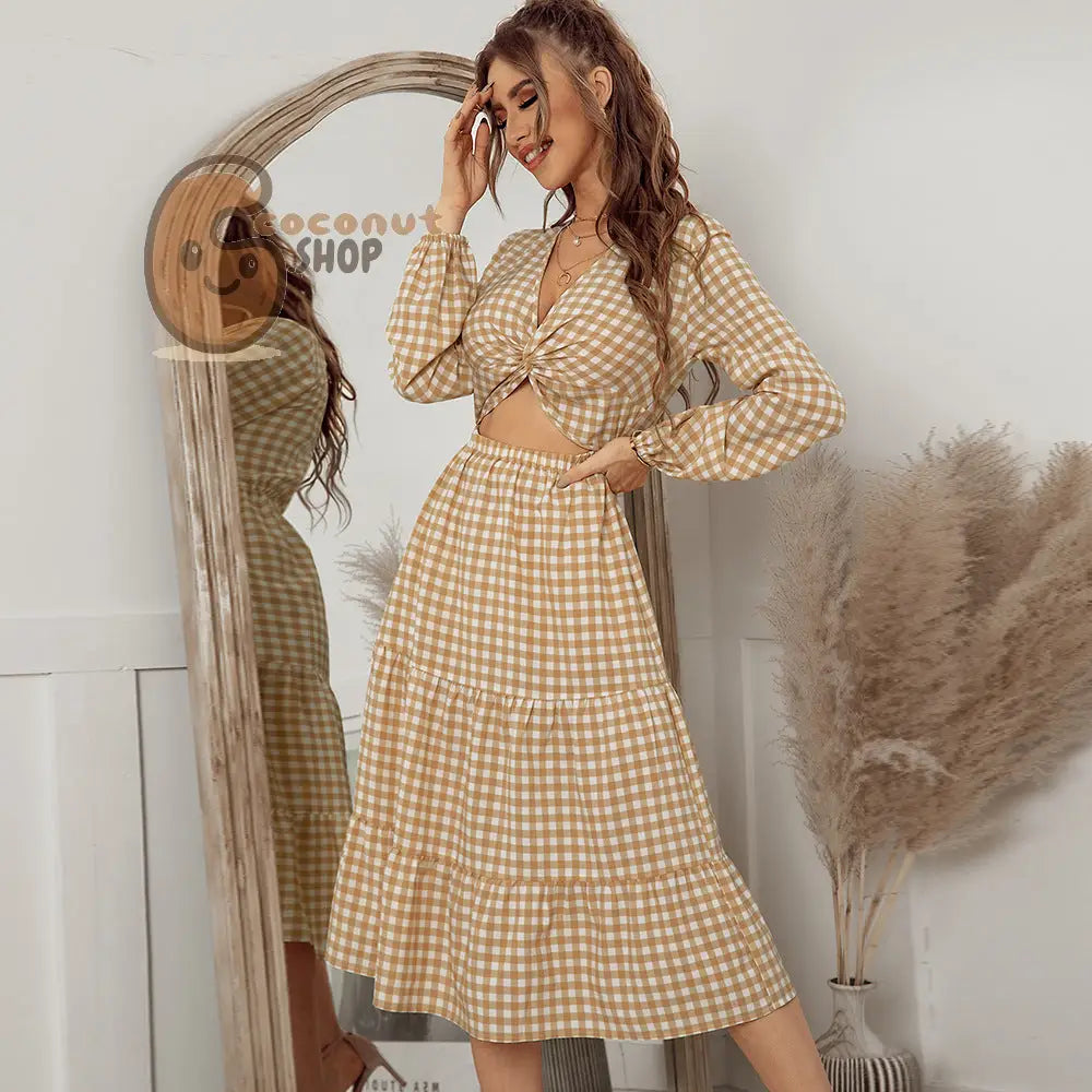 Plaid Dress: Long Sleeve Top Big Swing Skirt - Khaki / S