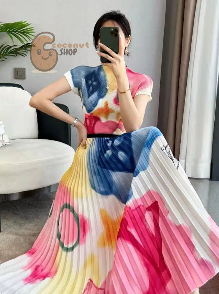 Pleated Skirt With Lining Printed Set Dress Women Sets - Blue flower color / S