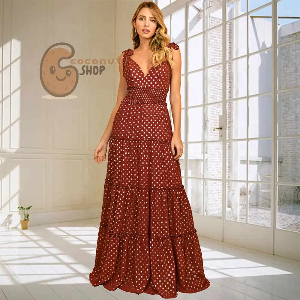Polka Dot V-Neck Suspender Slim Fit Large Swing Long Dress