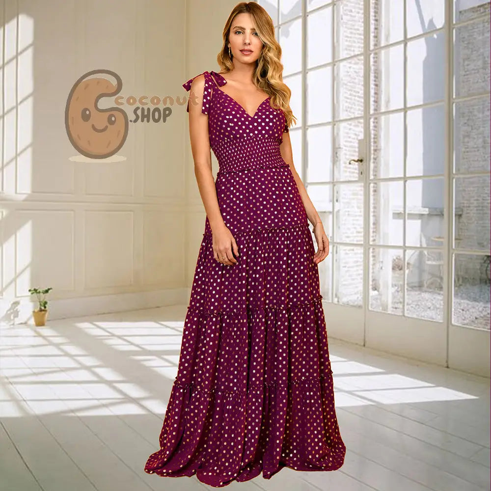 Polka Dot V-Neck Suspender Slim Fit Large Swing Long Dress