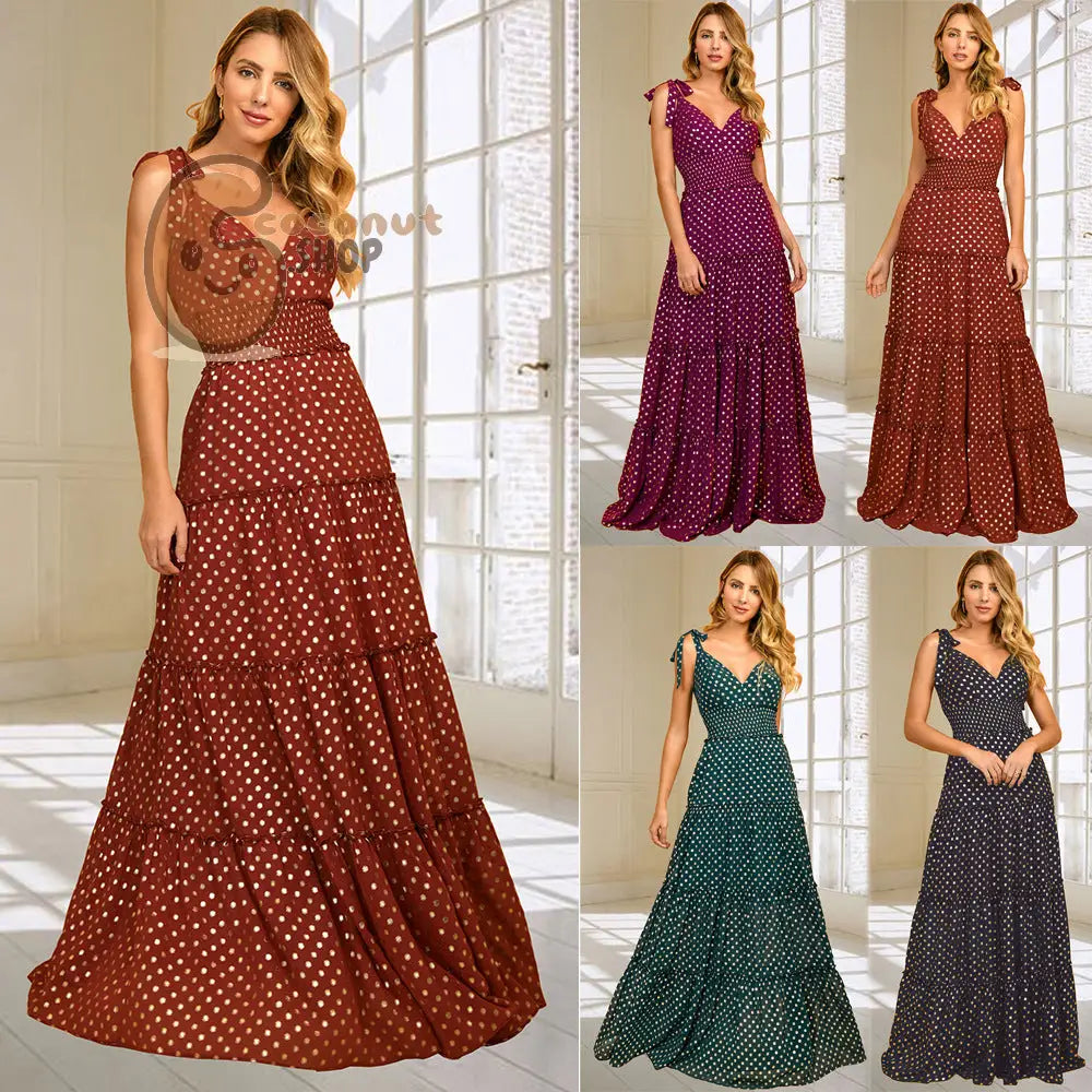 Polka Dot V-Neck Suspender Slim Fit Large Swing Long Dress