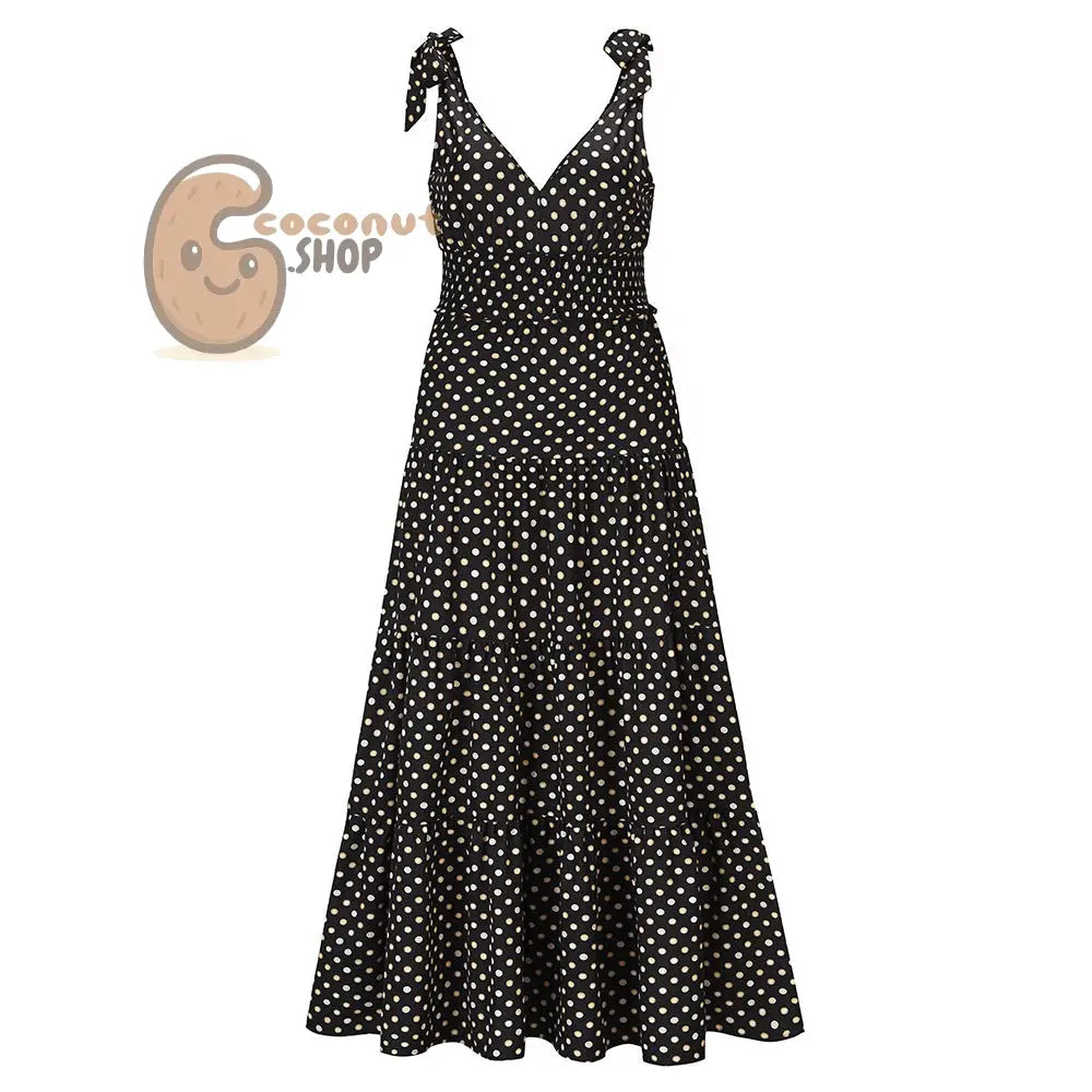 Polka Dot V-Neck Suspender Slim Fit Large Swing Long Dress - Black / S