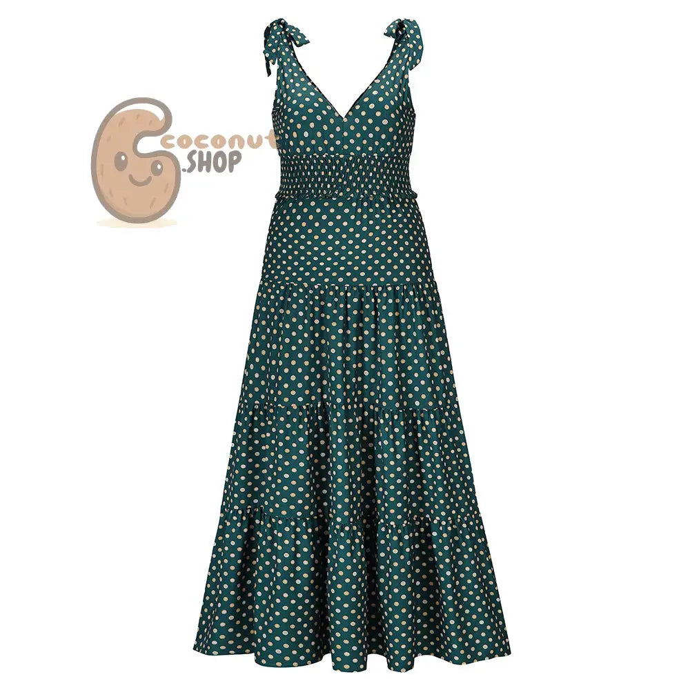 Polka Dot V-Neck Suspender Slim Fit Large Swing Long Dress - Green / S