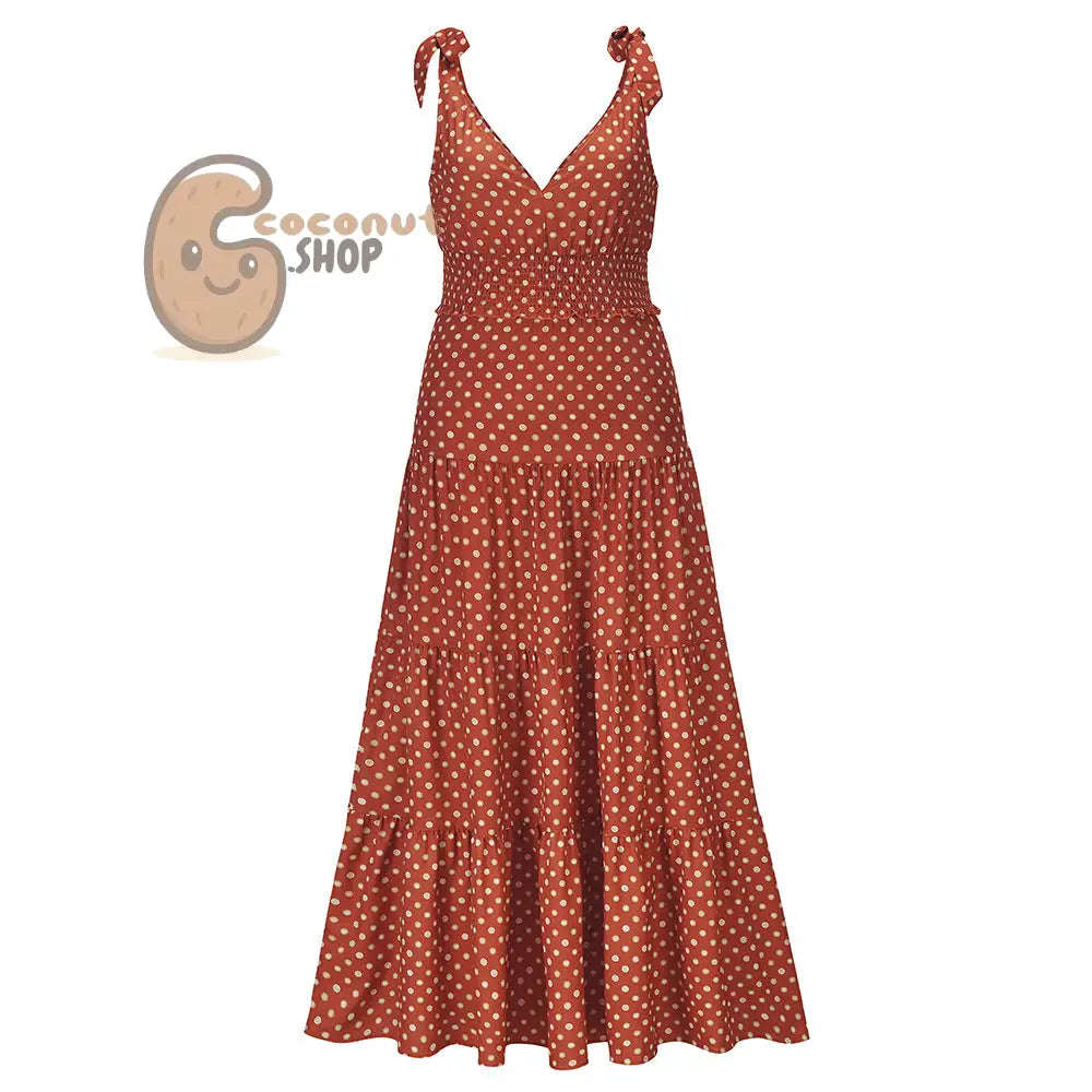 Polka Dot V-Neck Suspender Slim Fit Large Swing Long Dress - Orange / S