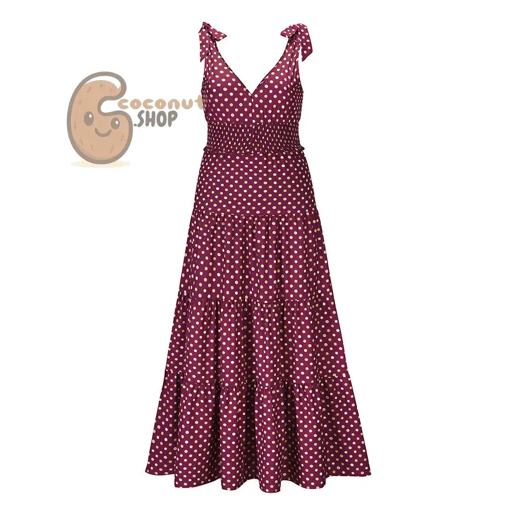 Polka Dot V-Neck Suspender Slim Fit Large Swing Long Dress - Rose Red / S