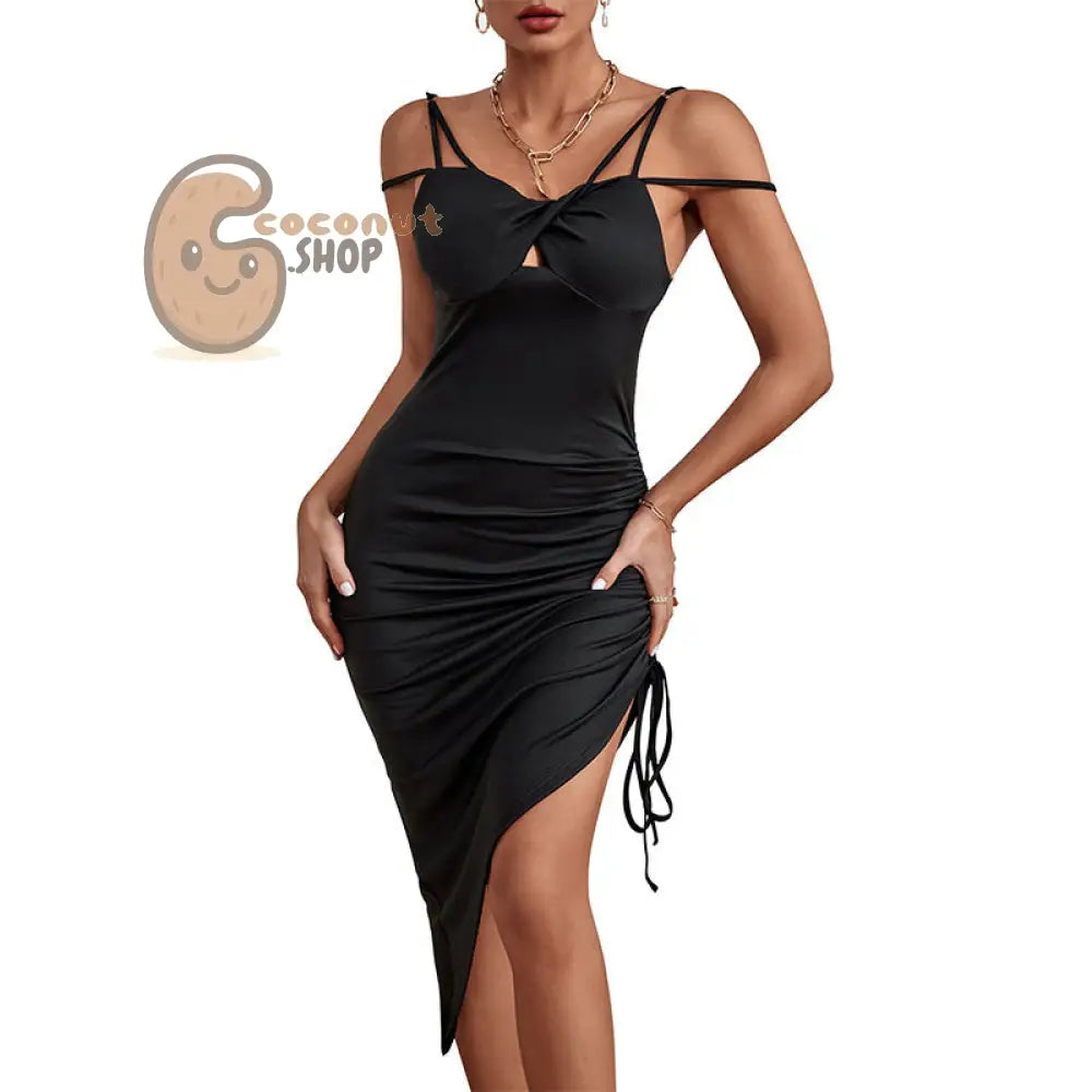 Pretty Girl Sexy Outfit Solid Color Tight Fitting Irregular Suspender Dress - Black / S