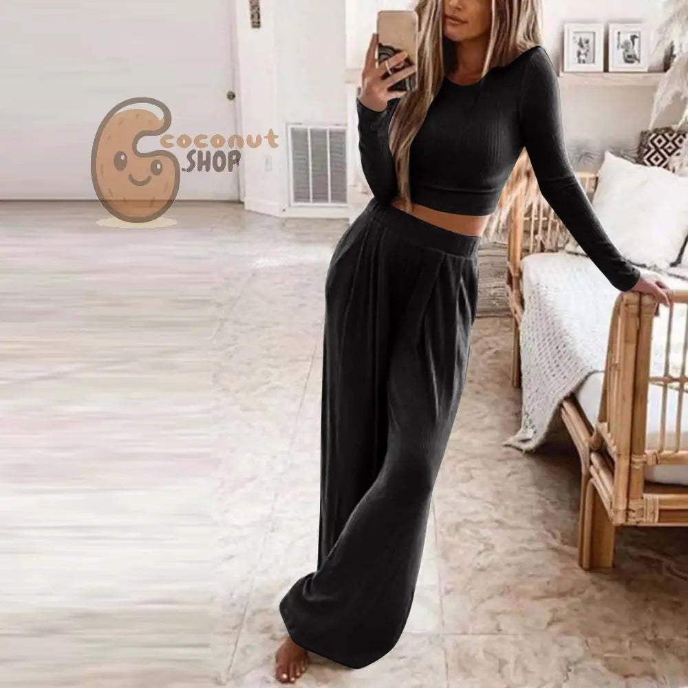 Pretty Knitted Casual Home Two-Piece Suit - Black / S