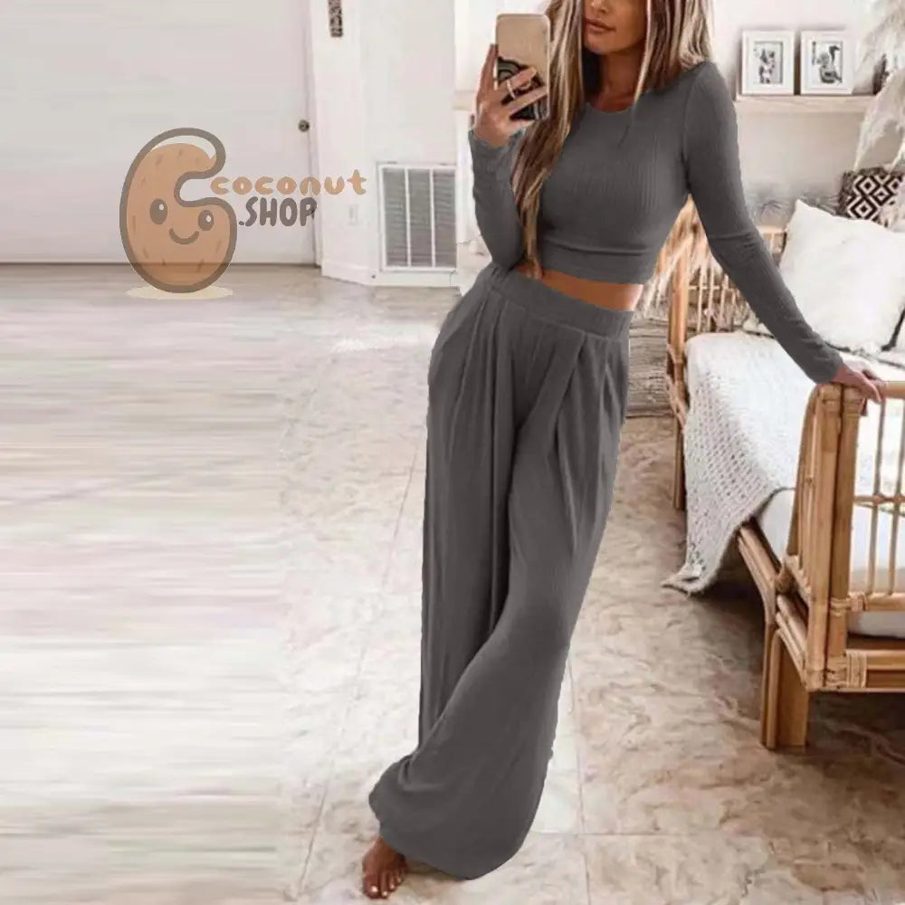 Pretty Knitted Casual Home Two-Piece Suit - Dark Grey / S