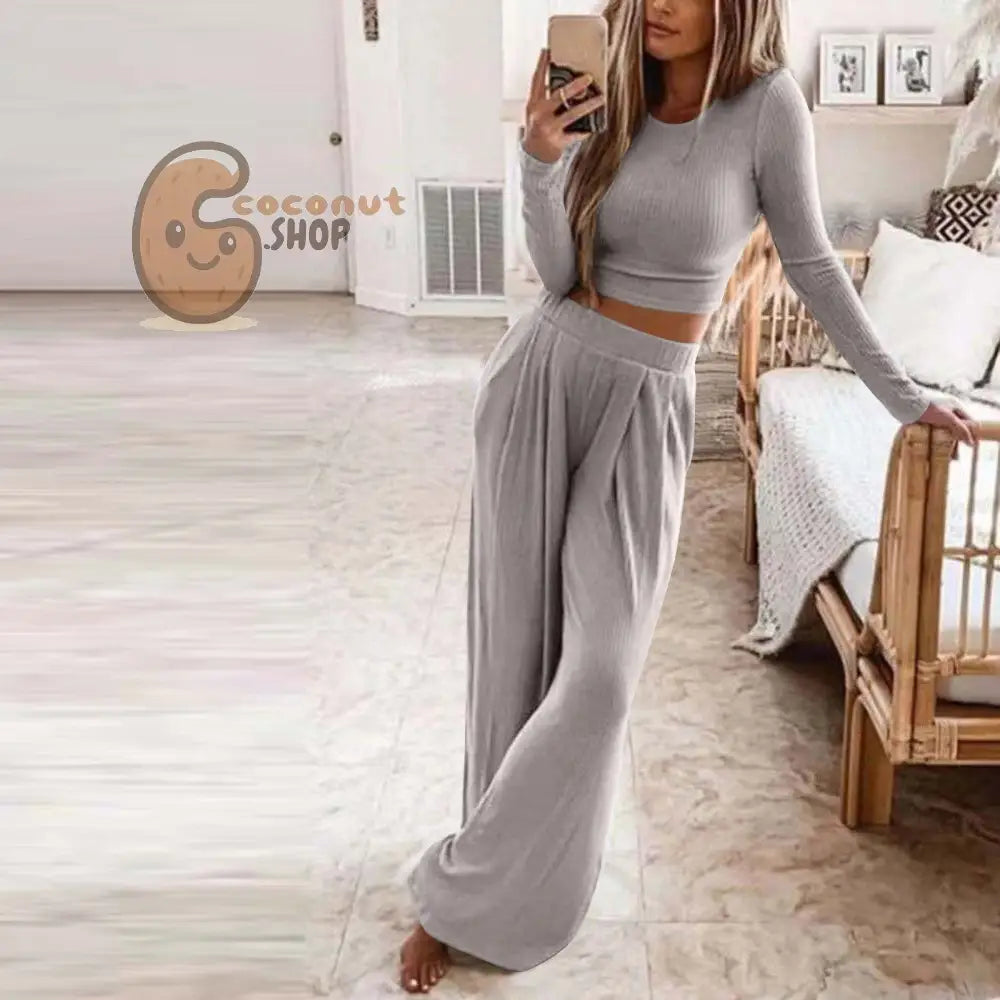 Pretty Knitted Casual Home Two-Piece Suit - Grey / S