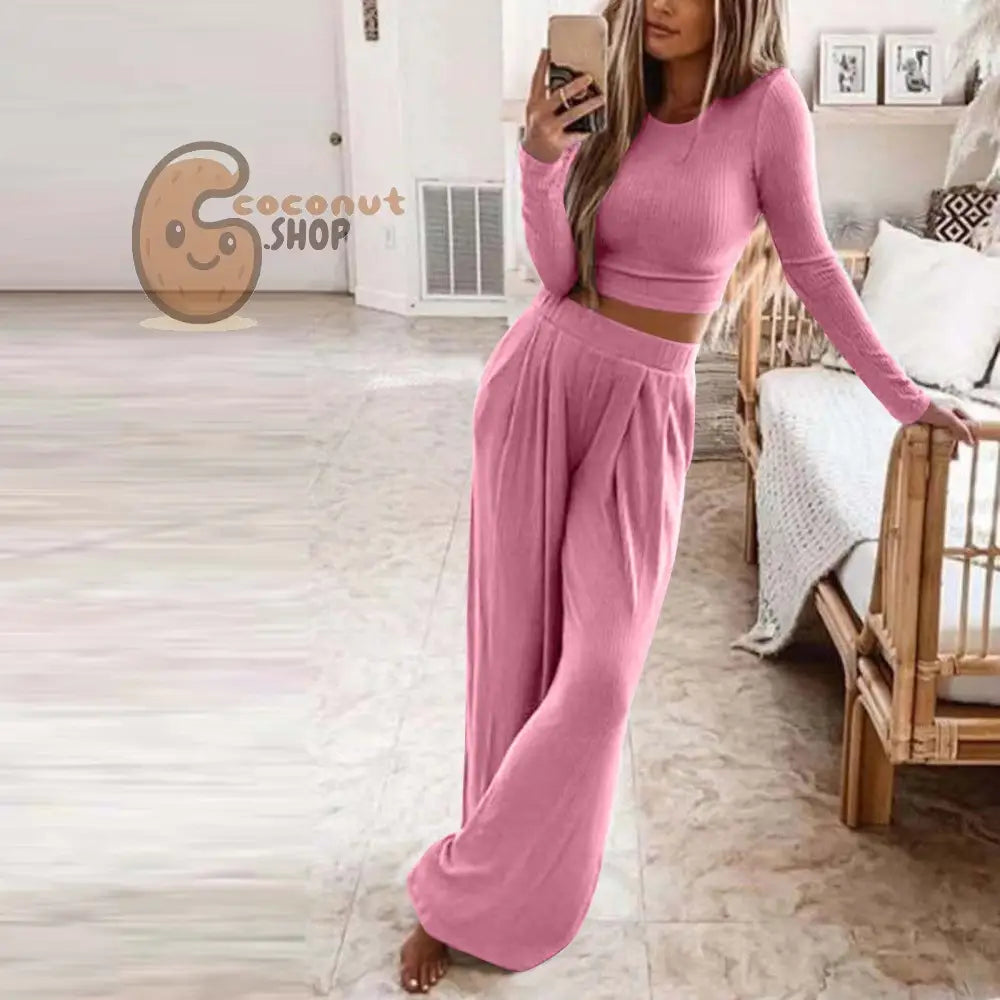 Pretty Knitted Casual Home Two-Piece Suit - Pink / S