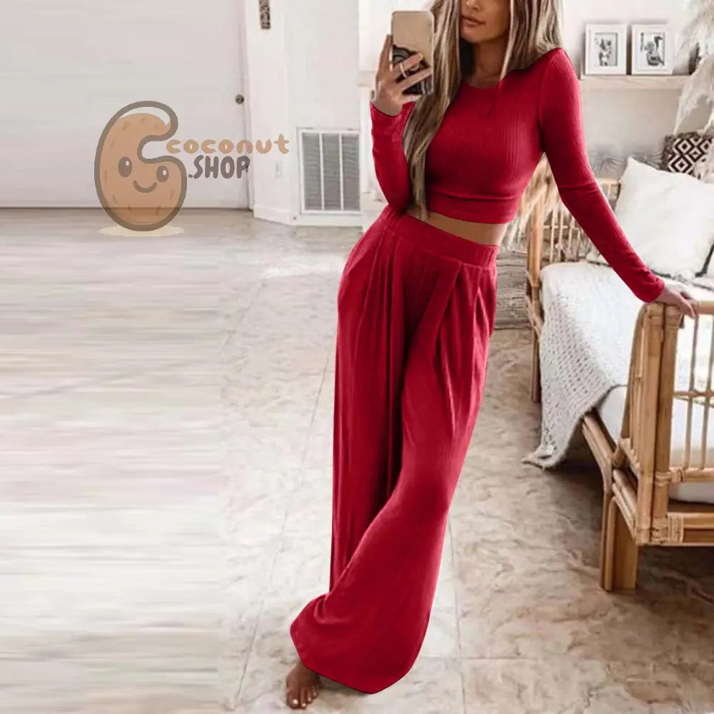 Pretty Knitted Casual Home Two-Piece Suit - Red / S