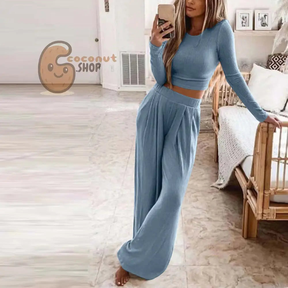 Pretty Knitted Casual Home Two-Piece Suit - Sky Blue / S