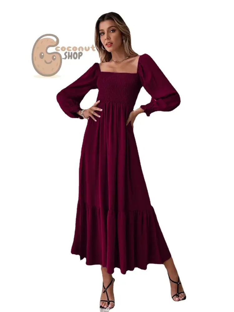 Pullover Square Neck Long Sleeve Ruffles Dress