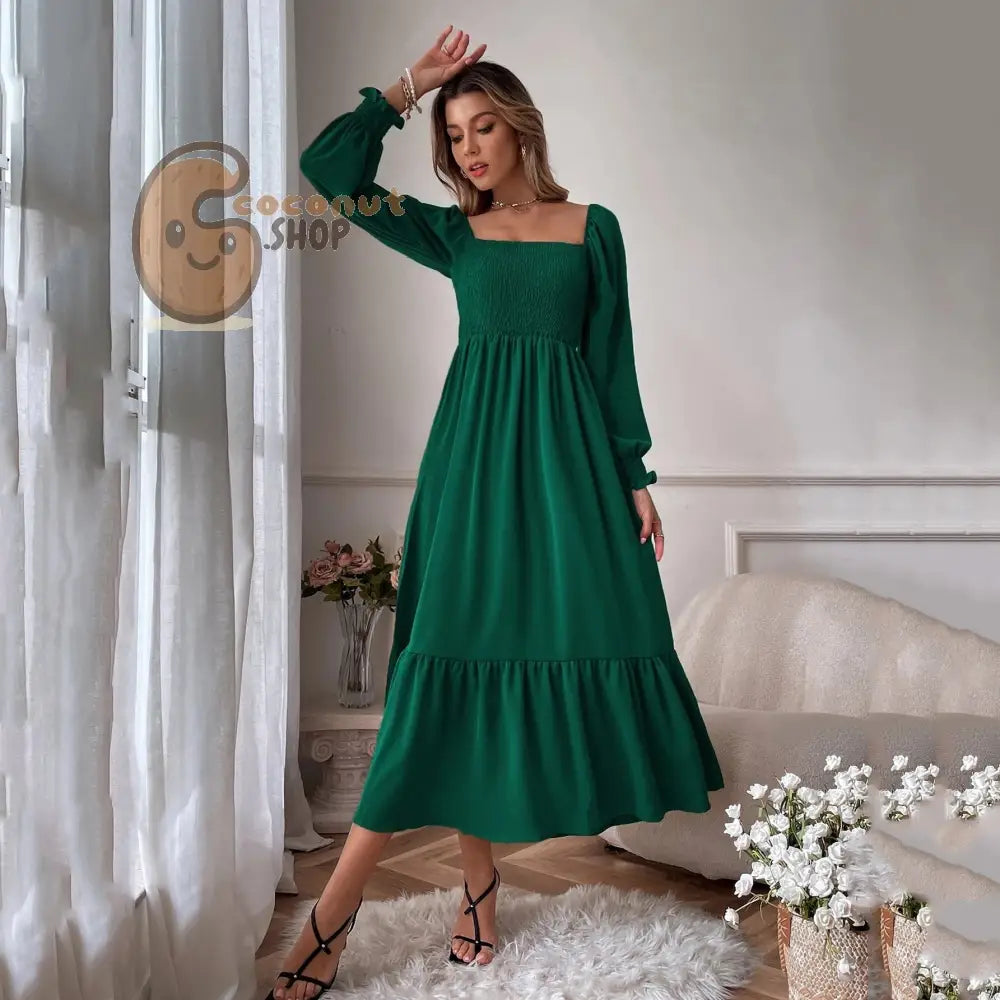 Pullover Square Neck Long Sleeve Ruffles Dress