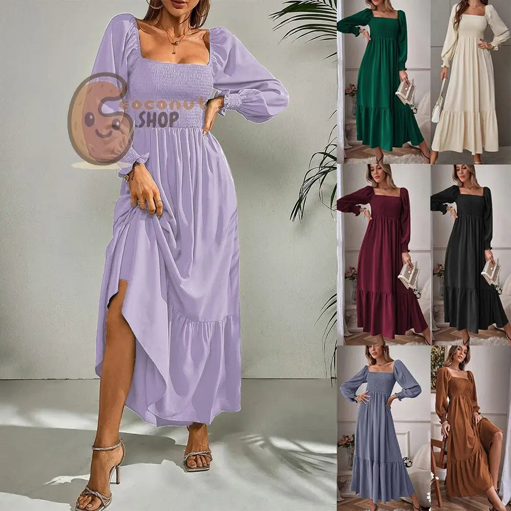 Pullover Square Neck Long Sleeve Ruffles Dress