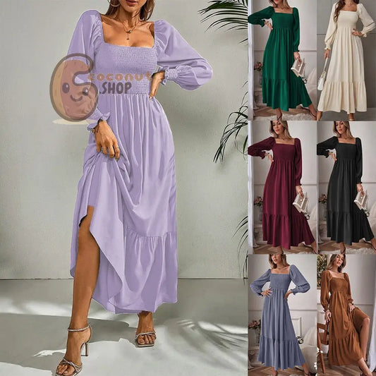 Pullover Square Neck Long Sleeve Ruffles Dress