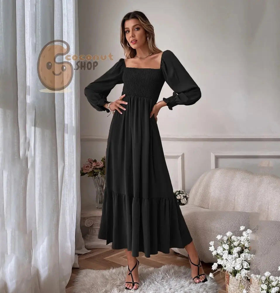 Pullover Square Neck Long Sleeve Ruffles Dress - Black / XS